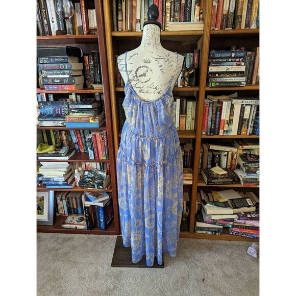Free people Julianna chiffon maxi dress sz xs euc blue paisley print oversized - Picture 2 of 7